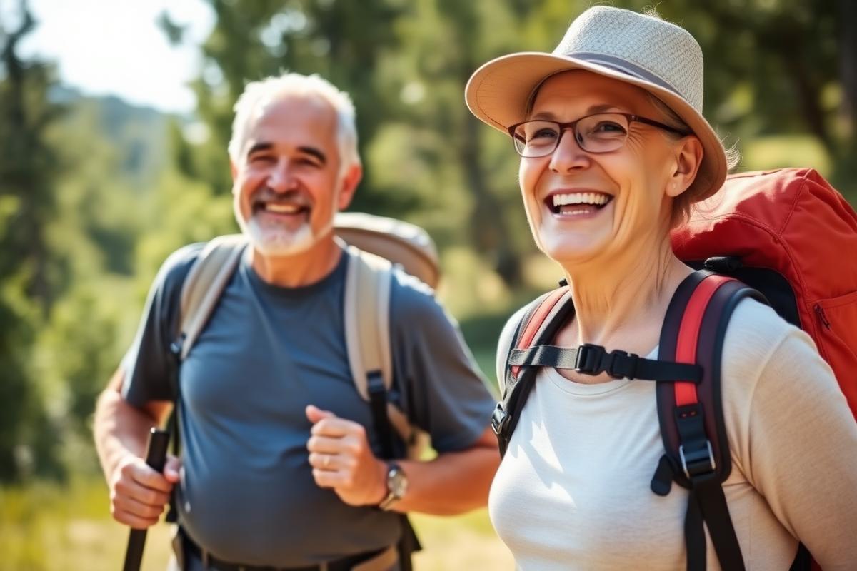 Active mature couple hiking outdoors with confidence